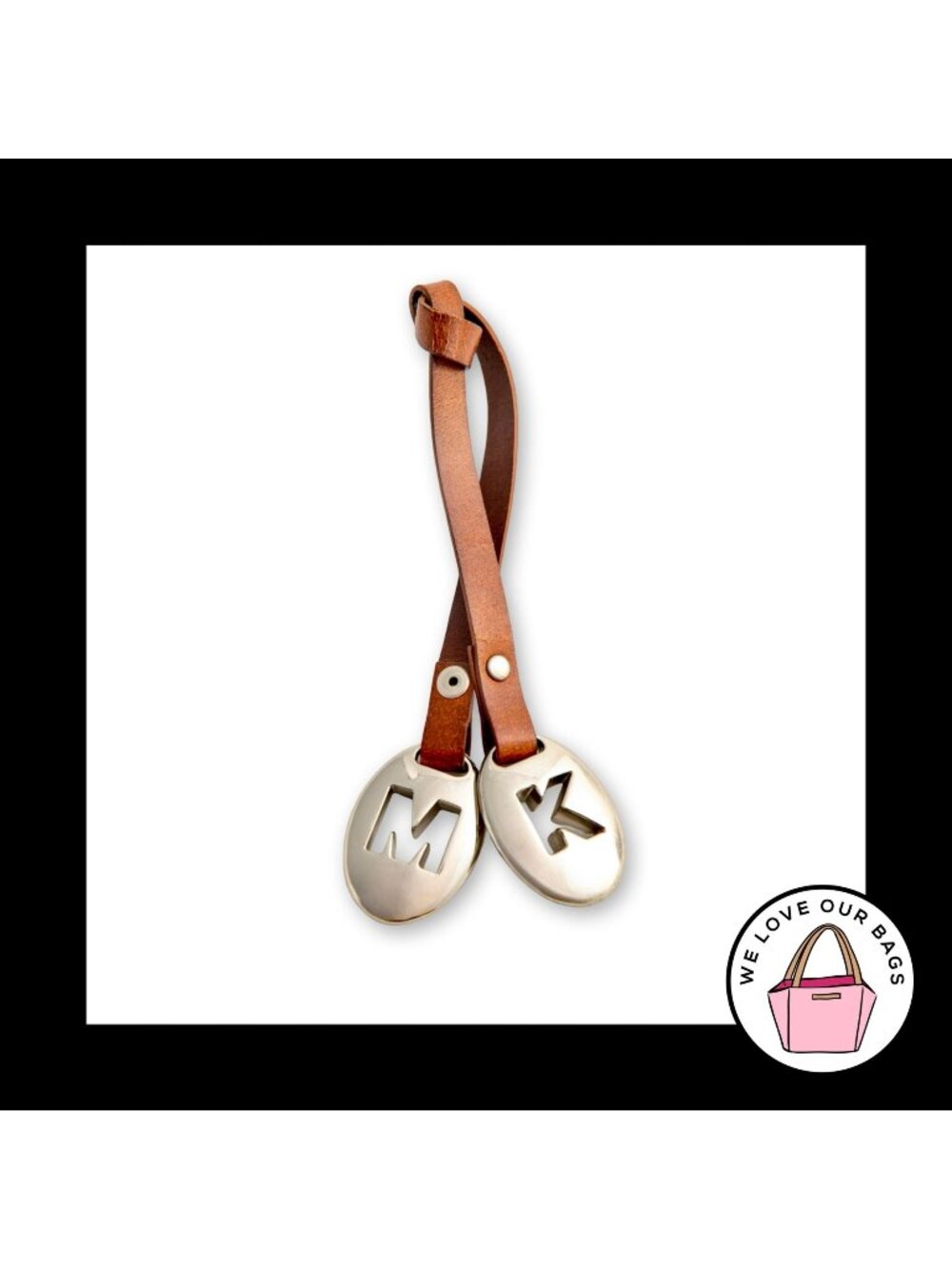 MICHAEL KORS Silver Metal Brown Leather Strap Bag Charm Hang Tag Keychain Fob